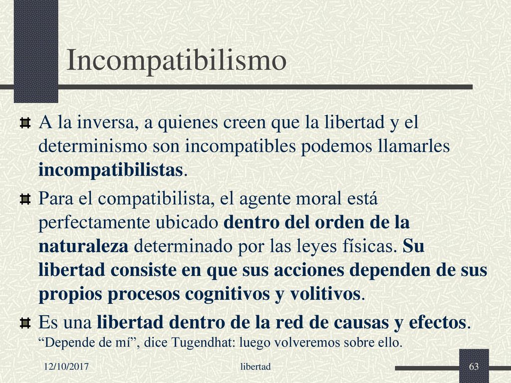 Incompatibilismo A la inversa, a quienes creen que la libertad y el determinismo son incompatibles podemos llamarles incompatibilistas.