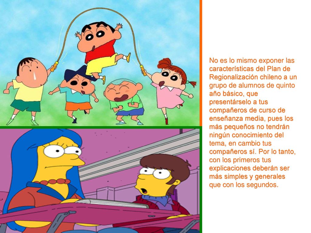 No es lo mismo exponer las características del Plan de Regionalización chileno a un grupo de alumnos de quinto año básico, que presentárselo a tus compañeros de curso de enseñanza media, pues los más pequeños no tendrán ningún conocimiento del tema, en cambio tus compañeros sí.