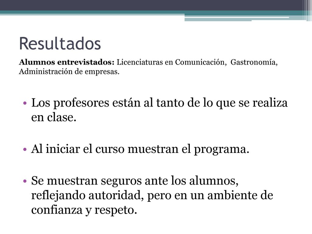 Resultados Alumnos entrevistados: Licenciaturas en Comunicación, Gastronomía, Administración de empresas.