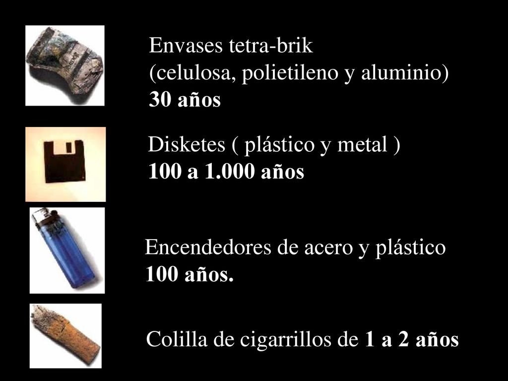 Envases tetra-brik (celulosa, polietileno y aluminio) 30 años. Disketes ( plástico y metal ) 100 a años.