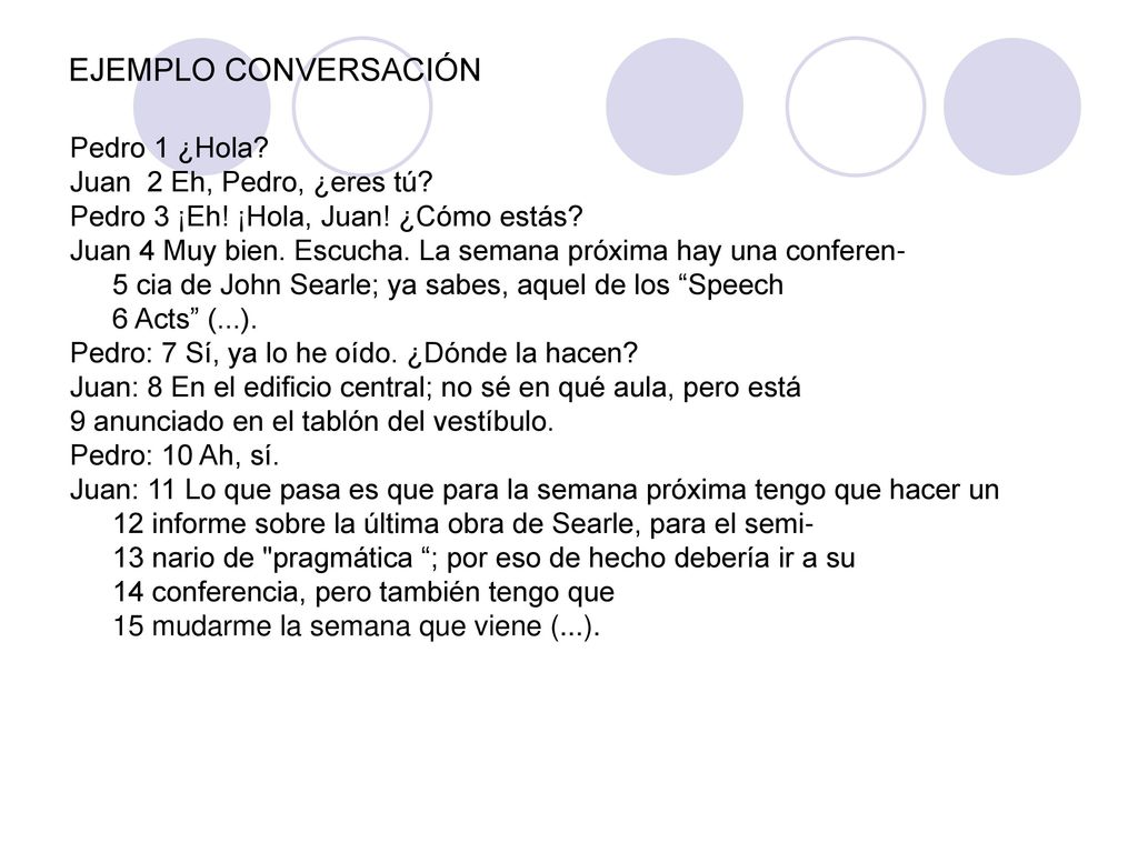 EJEMPLO CONVERSACIÓN Pedro 1 ¿Hola Juan 2 Eh, Pedro, ¿eres tú