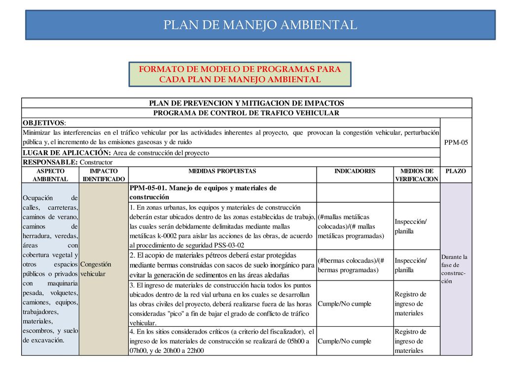 FORMATO DE MODELO DE PROGRAMAS PARA CADA PLAN DE MANEJO AMBIENTAL