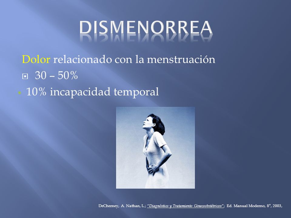 DISMENORREA Dolor relacionado con la menstruación 30 – 50%
