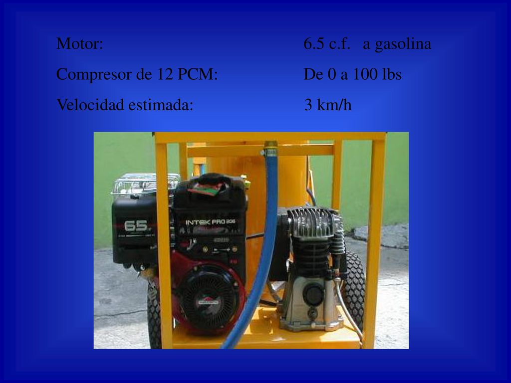 Motor: 6.5 c.f. a gasolina Compresor de 12 PCM: De 0 a 100 lbs.