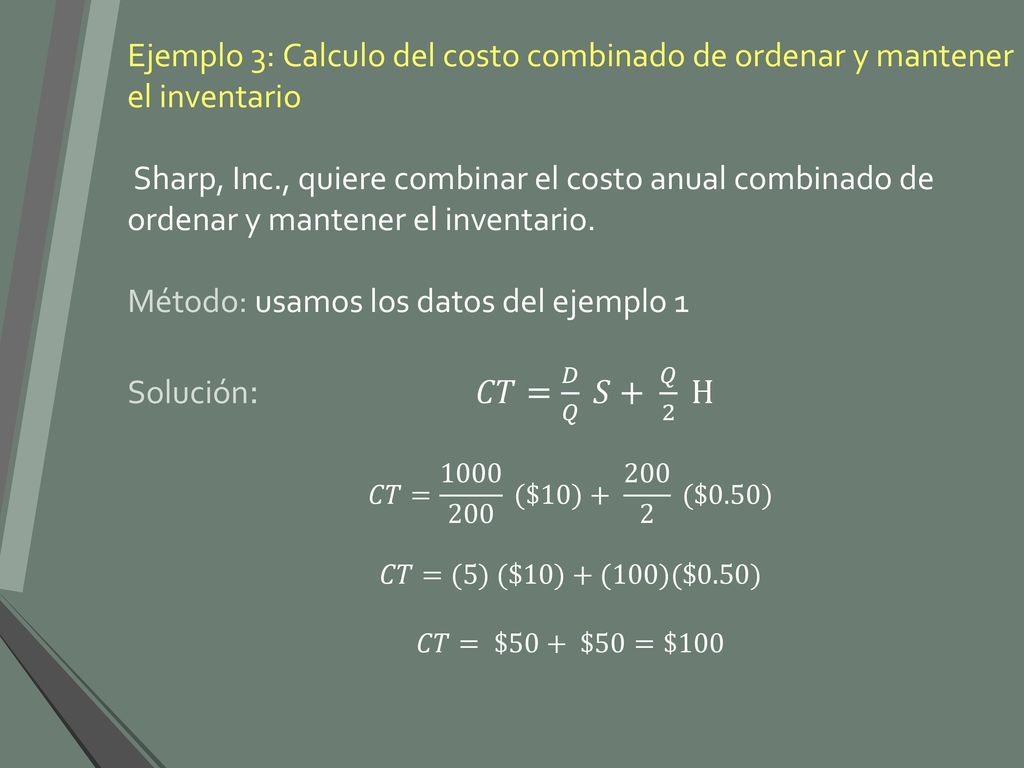 Método: usamos los datos del ejemplo 1 Solución: 𝐶𝑇= 𝐷 𝑄 𝑆+ 𝑄 2 H
