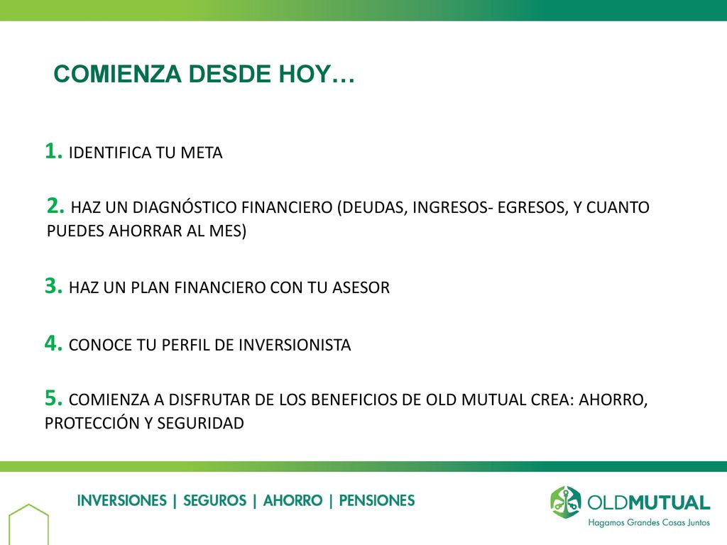 COMIENZA DESDE HOY… 1. IDENTIFICA TU META. 2. HAZ UN DIAGNÓSTICO FINANCIERO (DEUDAS, INGRESOS- EGRESOS, Y CUANTO PUEDES AHORRAR AL MES)