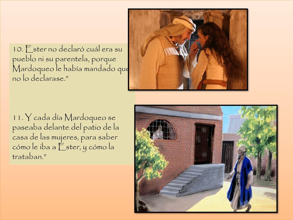 10. Ester no declaró cuál era su pueblo ni su parentela, porque Mardoqueo le había mandado que no lo declarase.
