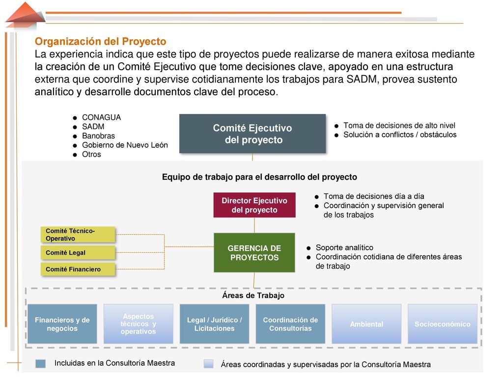 Organización del Proyecto La experiencia indica que este tipo de proyectos puede realizarse de manera exitosa mediante la creación de un Comité Ejecutivo que tome decisiones clave, apoyado en una estructura externa que coordine y supervise cotidianamente los trabajos para SADM, provea sustento analítico y desarrolle documentos clave del proceso.