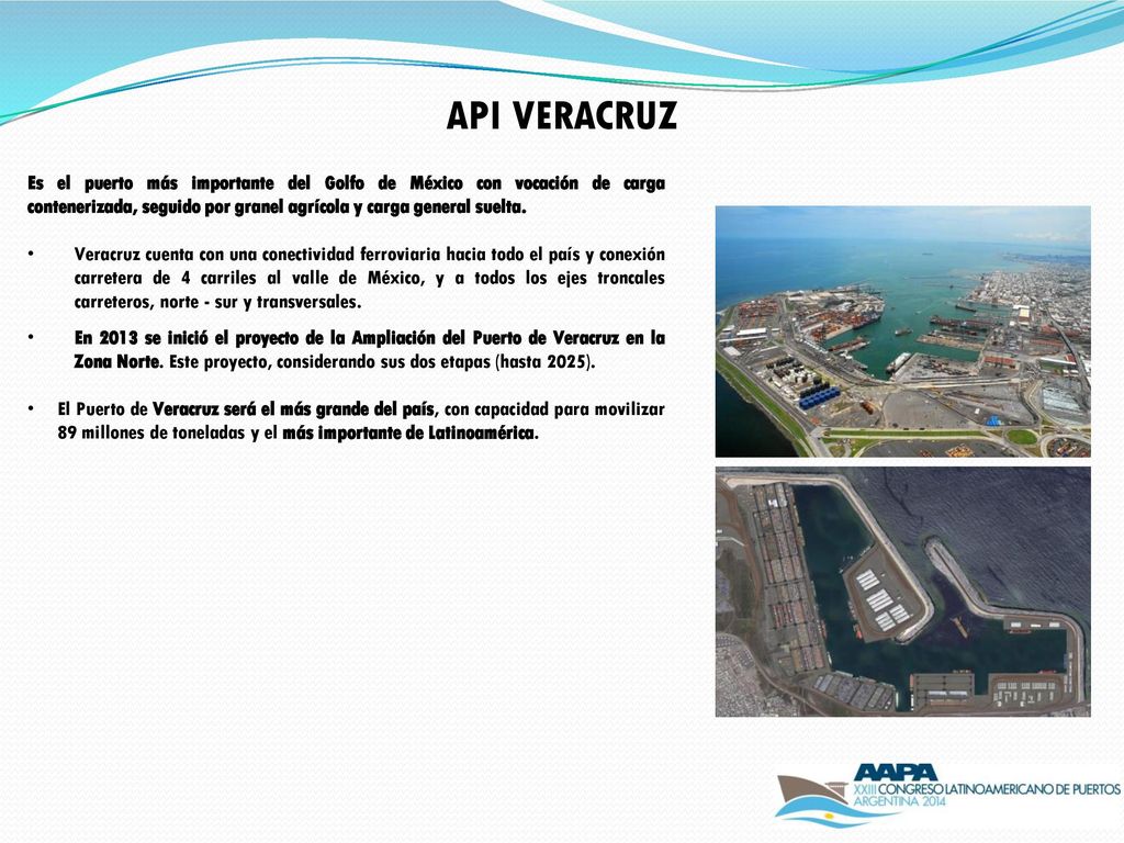 API VERACRUZ Es el puerto más importante del Golfo de México con vocación de carga contenerizada, seguido por granel agrícola y carga general suelta.
