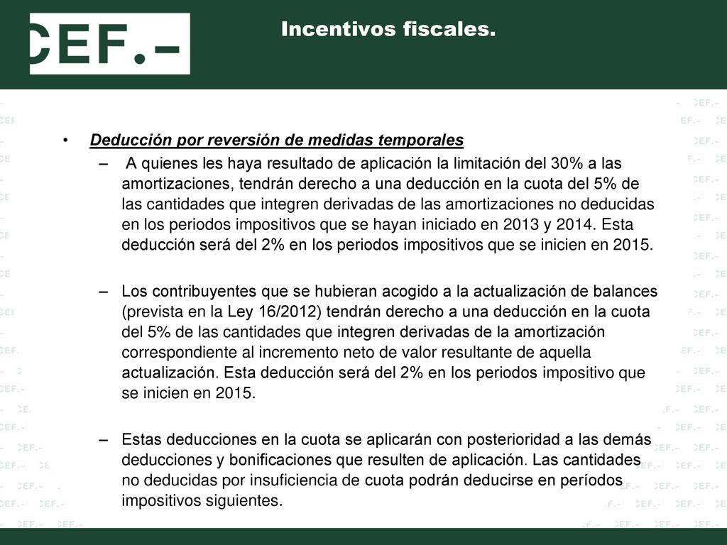 Incentivos fiscales. Deducción por reversión de medidas temporales