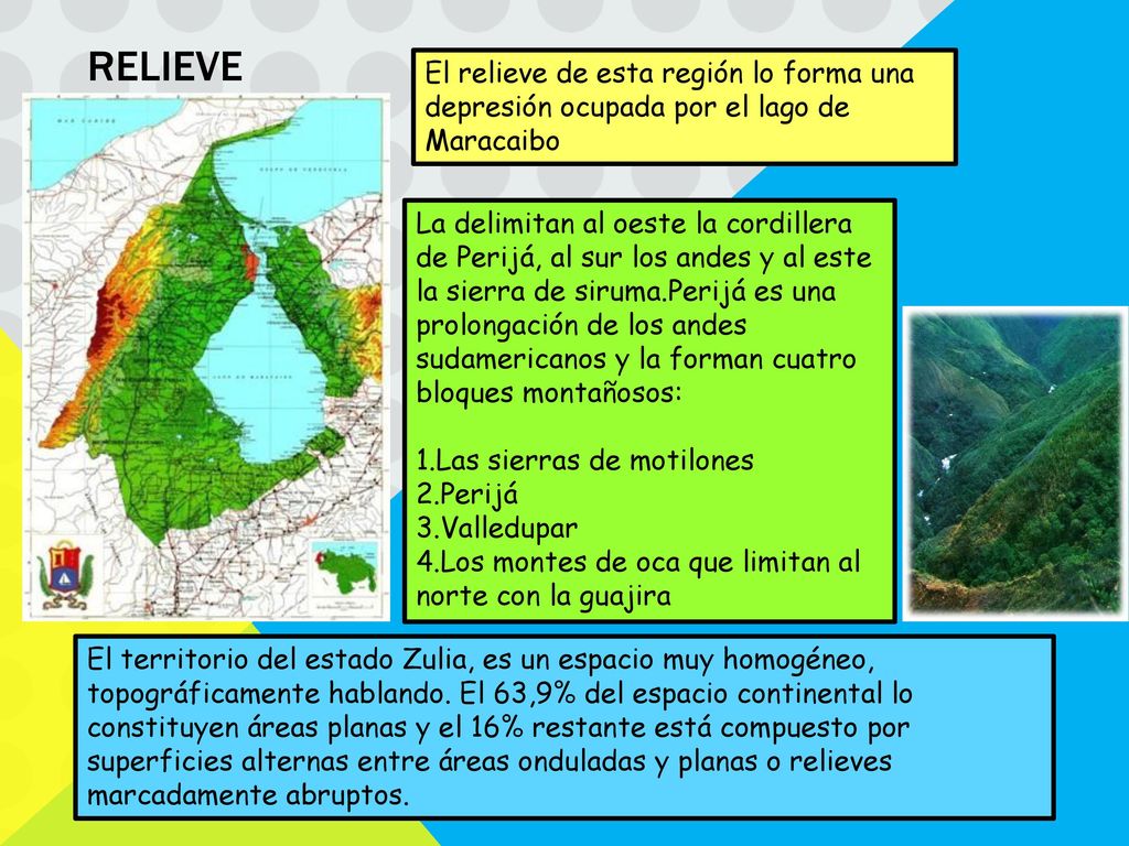 RELIEVE El relieve de esta región lo forma una depresión ocupada por el lago de Maracaibo.