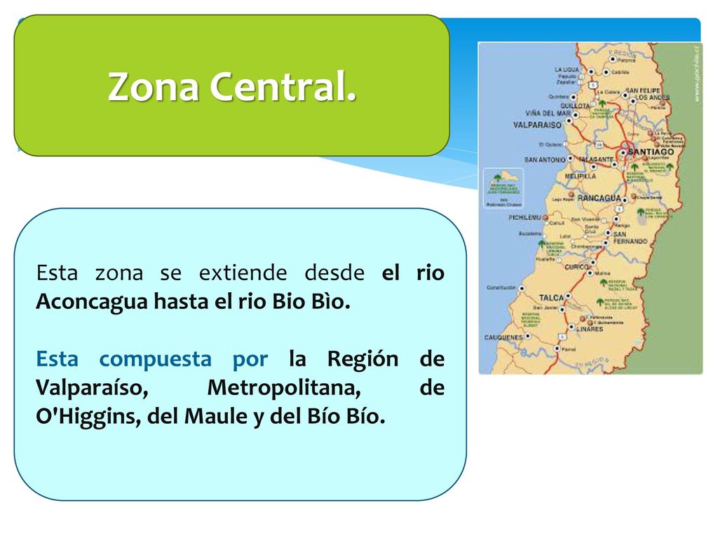 Zona Central. Esta zona se extiende desde el rio Aconcagua hasta el rio Bio Bìo.