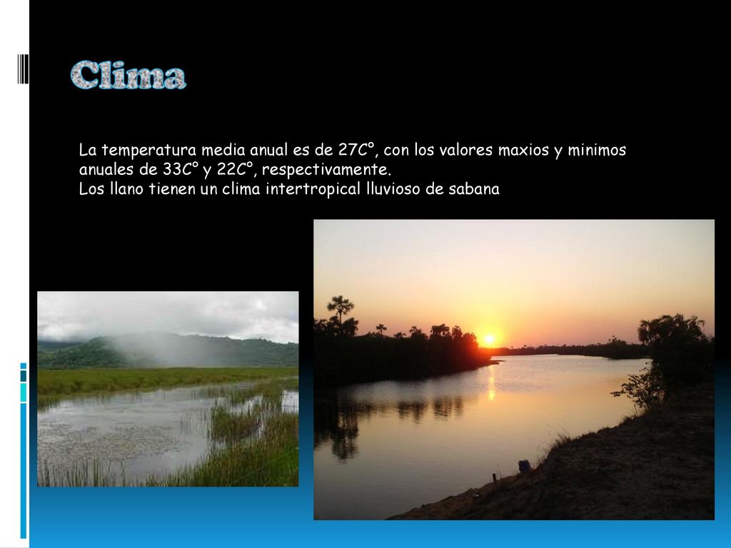 Clima La temperatura media anual es de 27C°, con los valores maxios y minimos anuales de 33C° y 22C°, respectivamente.