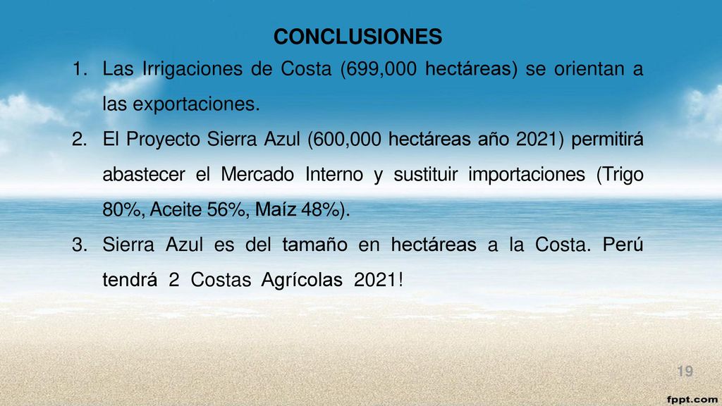 CONCLUSIONES Las Irrigaciones de Costa (699,000 hectáreas) se orientan a las exportaciones.