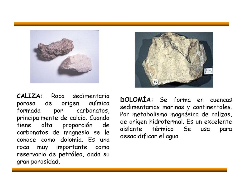 CALIZA: Roca sedimentaria porosa de origen químico formada por carbonatos, principalmente de calcio. Cuando tiene alta proporción de carbonatos de magnesio se le conoce como dolomía. Es una roca muy importante como reservorio de petróleo, dada su gran porosidad.