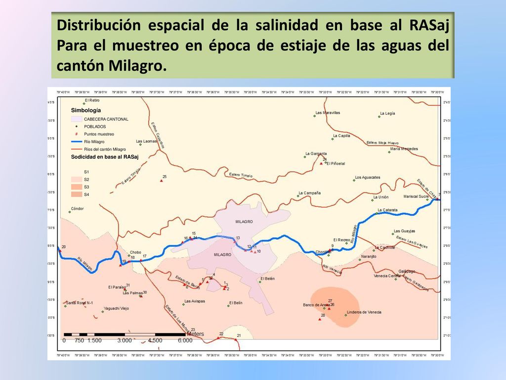 Distribución espacial de la salinidad en base al RASaj Para el muestreo en época de estiaje de las aguas del cantón Milagro.
