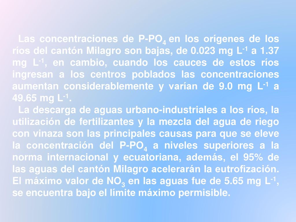 Las concentraciones de P-PO4 en los orígenes de los ríos del cantón Milagro son bajas, de mg L-1 a 1.37 mg L-1, en cambio, cuando los cauces de estos ríos ingresan a los centros poblados las concentraciones aumentan considerablemente y varían de 9.0 mg L-1 a mg L-1.