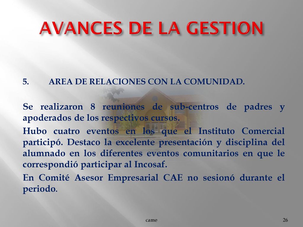 AVANCES DE LA GESTION 5. AREA DE RELACIONES CON LA COMUNIDAD.