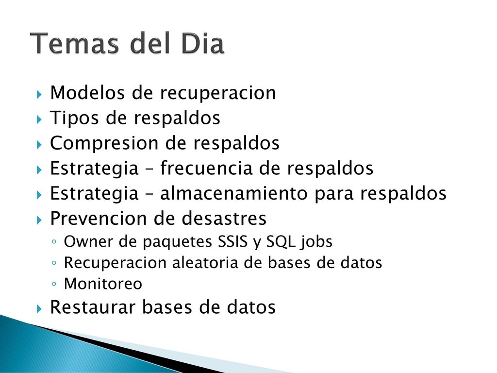 Temas del Dia Modelos de recuperacion Tipos de respaldos