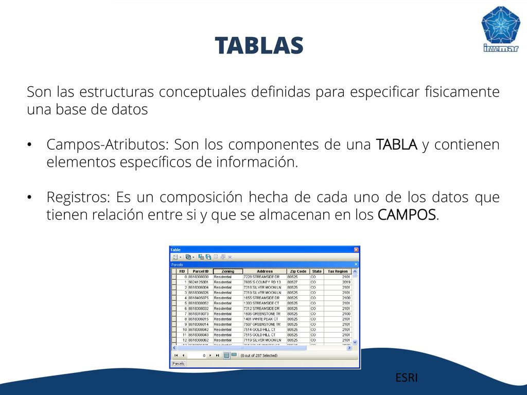 TABLAS Son las estructuras conceptuales definidas para especificar fisicamente una base de datos.