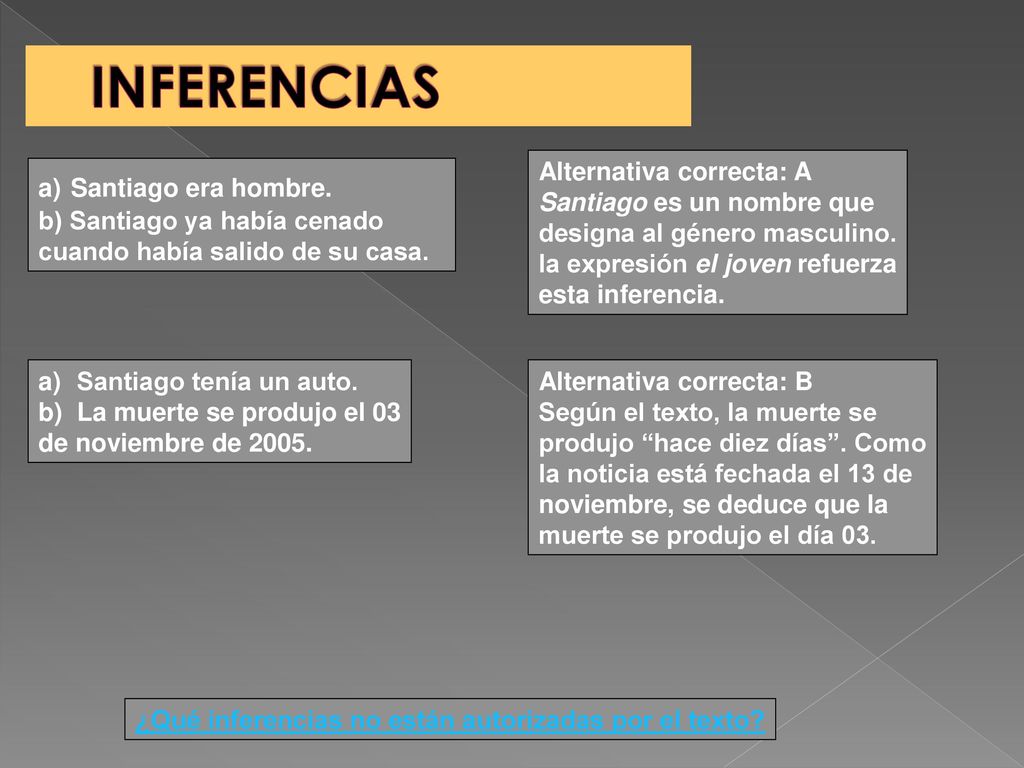 INFERENCIAS Alternativa correcta: A Santiago es un nombre que