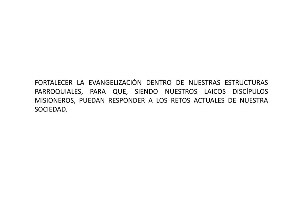 FORTALECER LA EVANGELIZACIÓN DENTRO DE NUESTRAS ESTRUCTURAS PARROQUIALES, PARA QUE, SIENDO NUESTROS LAICOS DISCÍPULOS MISIONEROS, PUEDAN RESPONDER A LOS RETOS ACTUALES DE NUESTRA SOCIEDAD.
