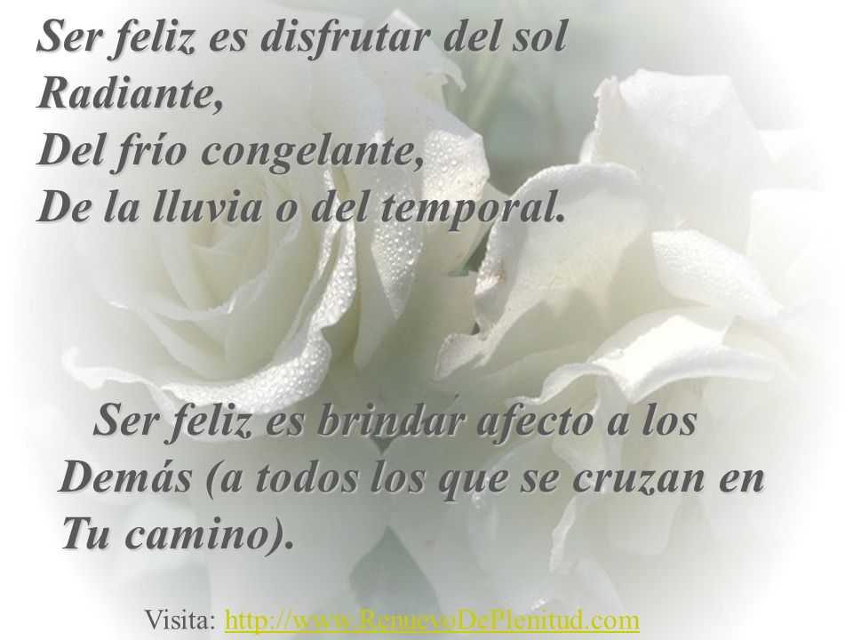 Ser feliz es disfrutar del sol Radiante, Del frío congelante, De la lluvia o del temporal.
