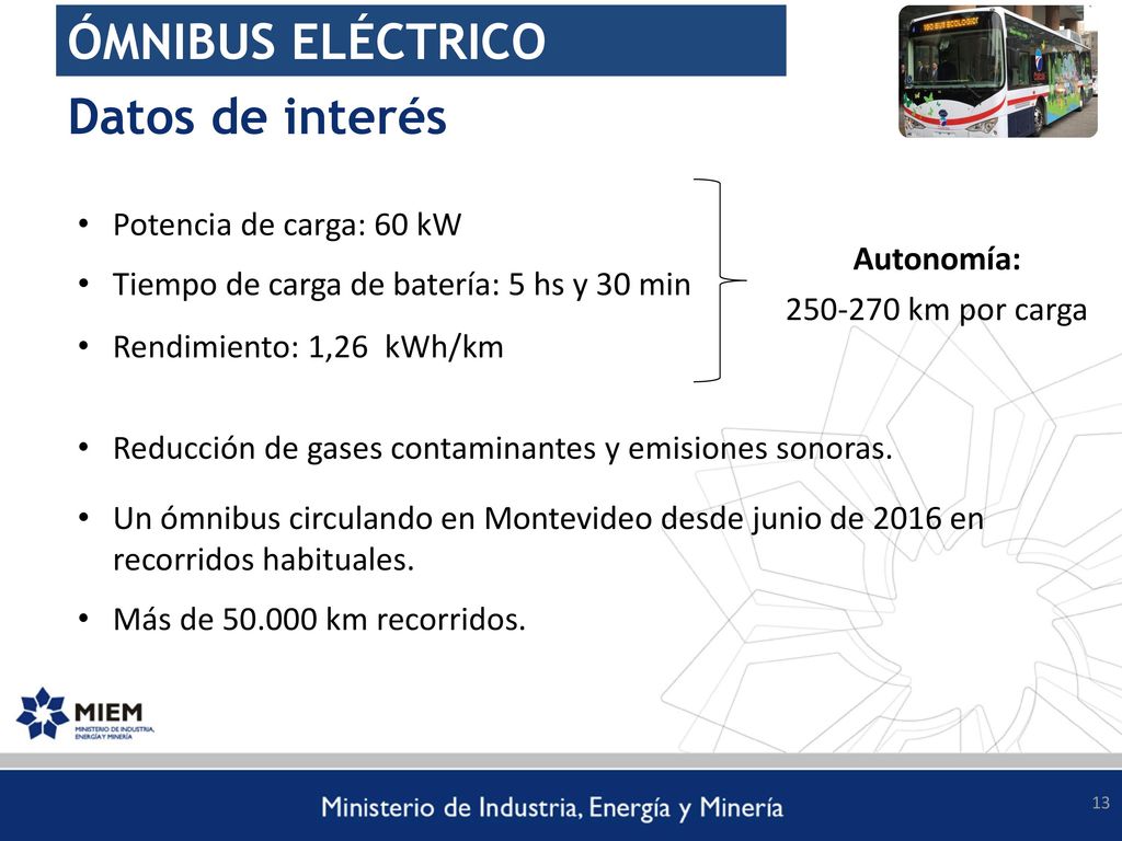 ÓMNIBUS ELÉCTRICO Datos de interés Potencia de carga: 60 kW