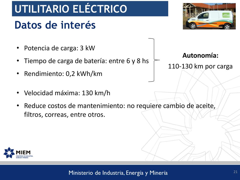 UTILITARIO ELÉCTRICO Datos de interés Potencia de carga: 3 kW
