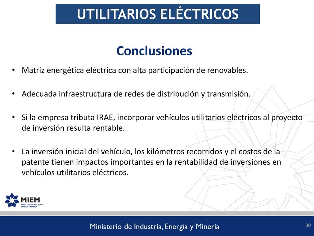 Conclusiones Matriz energética eléctrica con alta participación de renovables. Adecuada infraestructura de redes de distribución y transmisión.