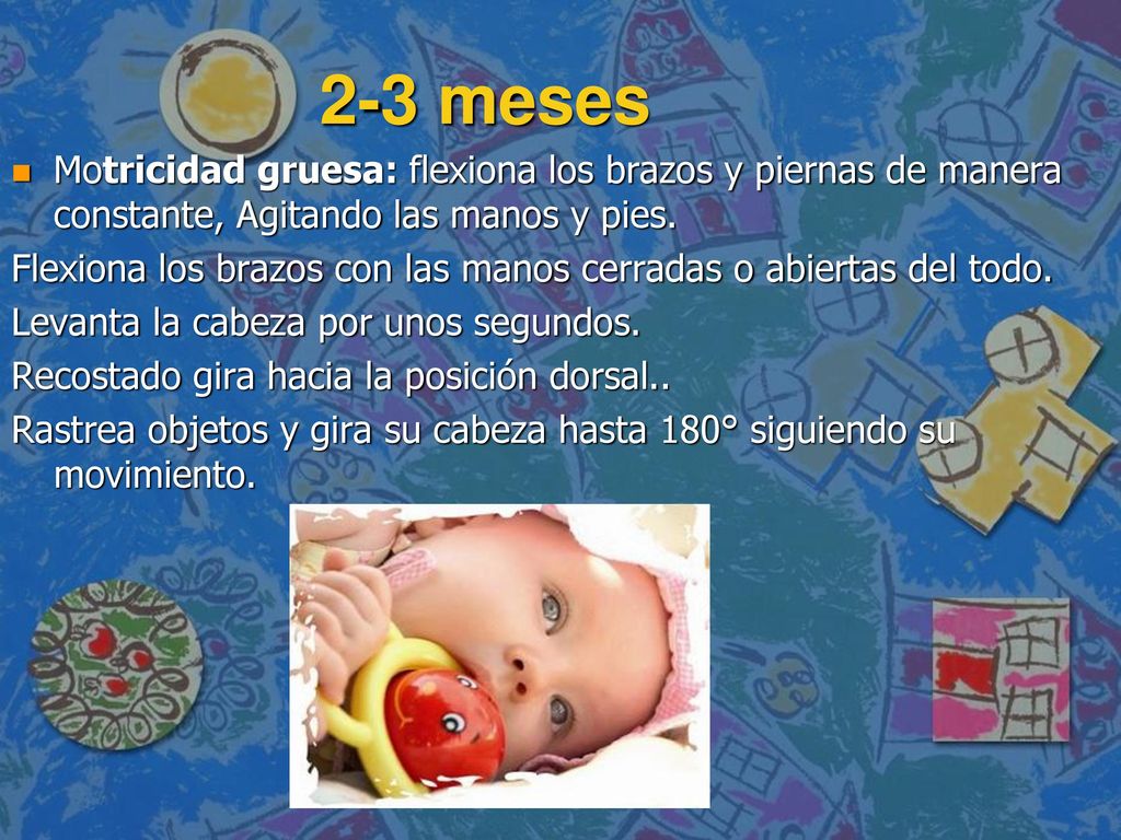 2-3 meses Motricidad gruesa: flexiona los brazos y piernas de manera constante, Agitando las manos y pies.