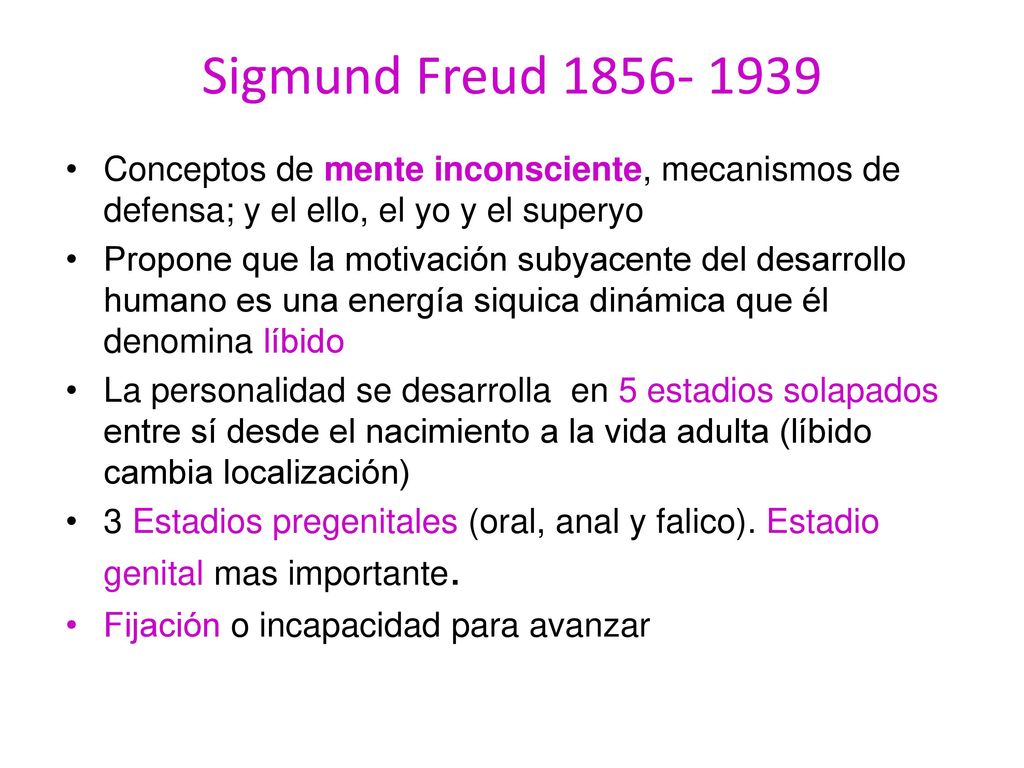 Sigmund Freud Conceptos de mente inconsciente, mecanismos de defensa; y el ello, el yo y el superyo.