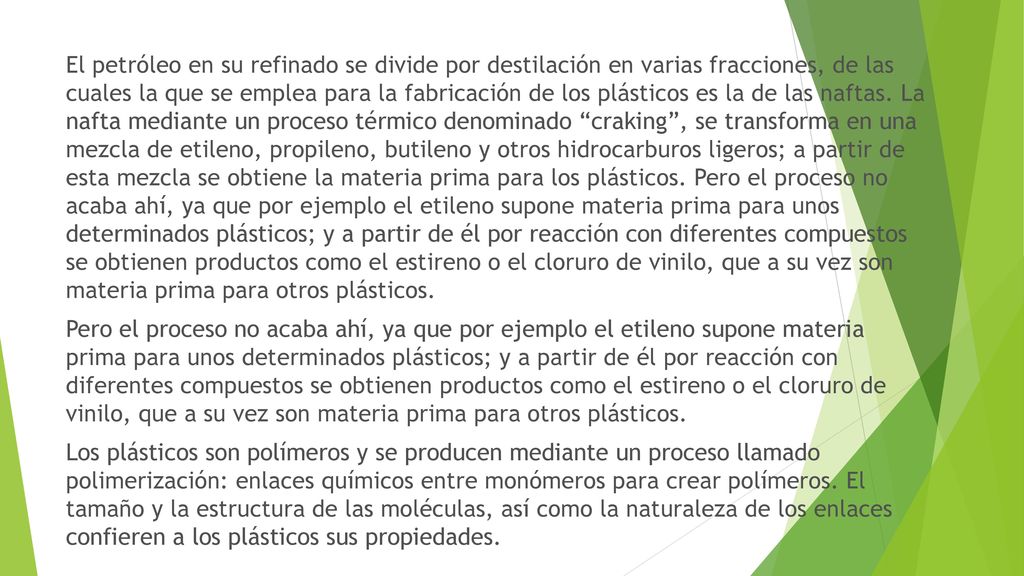 El petróleo en su refinado se divide por destilación en varias fracciones, de las cuales la que se emplea para la fabricación de los plásticos es la de las naftas.