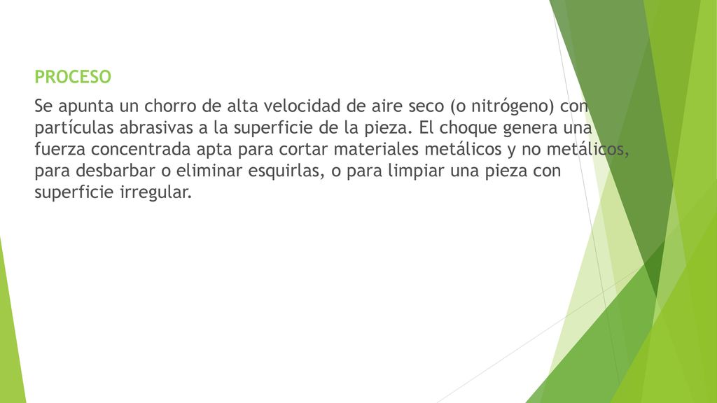 PROCESO Se apunta un chorro de alta velocidad de aire seco (o nitrógeno) con partículas abrasivas a la superficie de la pieza.