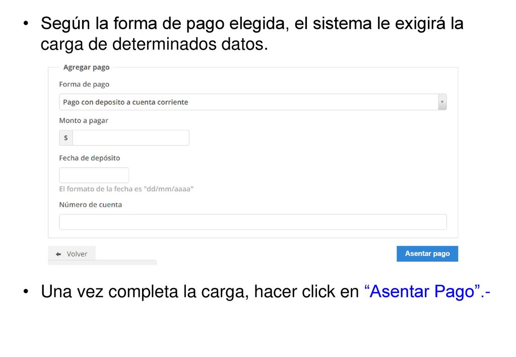 Según la forma de pago elegida, el sistema le exigirá la carga de determinados datos.
