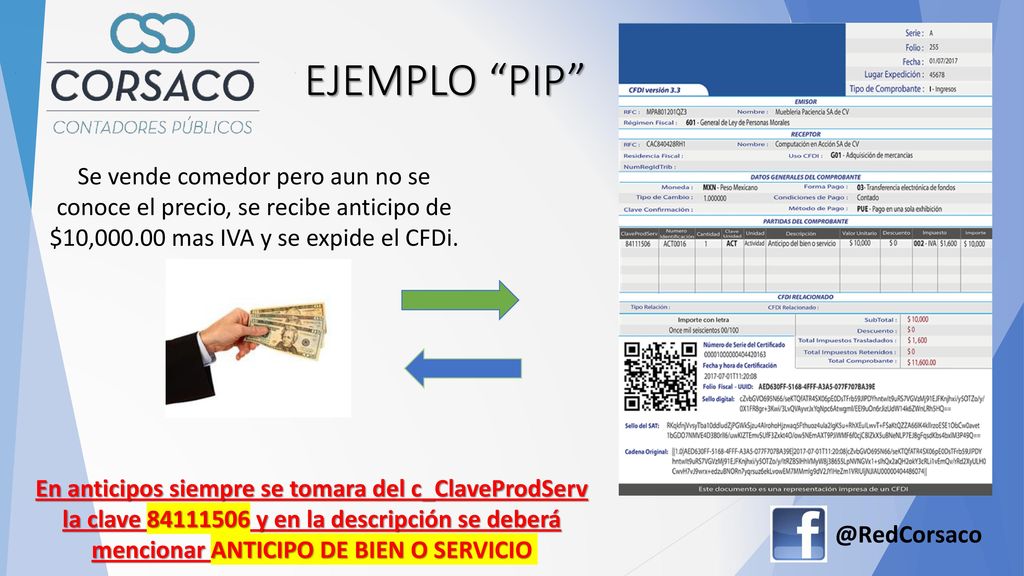 EJEMPLO PIP Se vende comedor pero aun no se conoce el precio, se recibe anticipo de $10, mas IVA y se expide el CFDi.