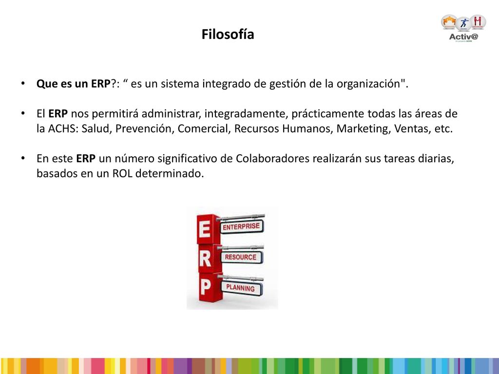 Filosofía Que es un ERP : es un sistema integrado de gestión de la organización .