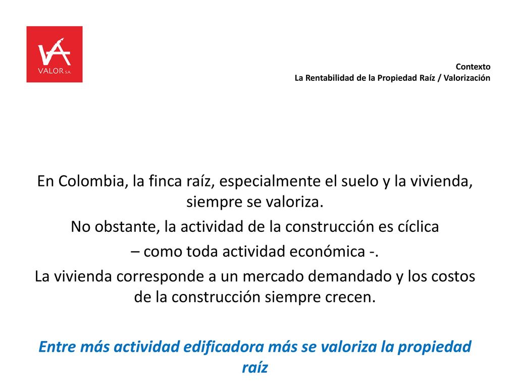 Contexto La Rentabilidad de la Propiedad Raíz / Valorización