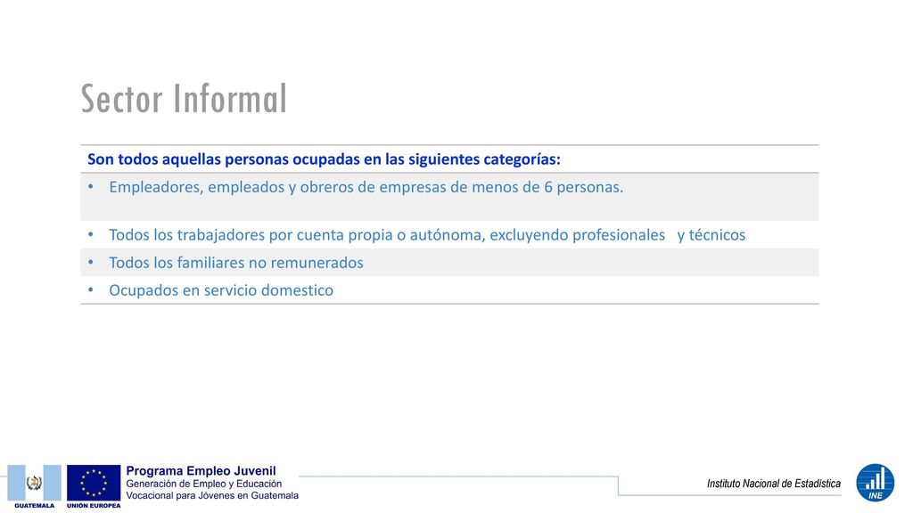 Sector Informal Son todos aquellas personas ocupadas en las siguientes categorías:
