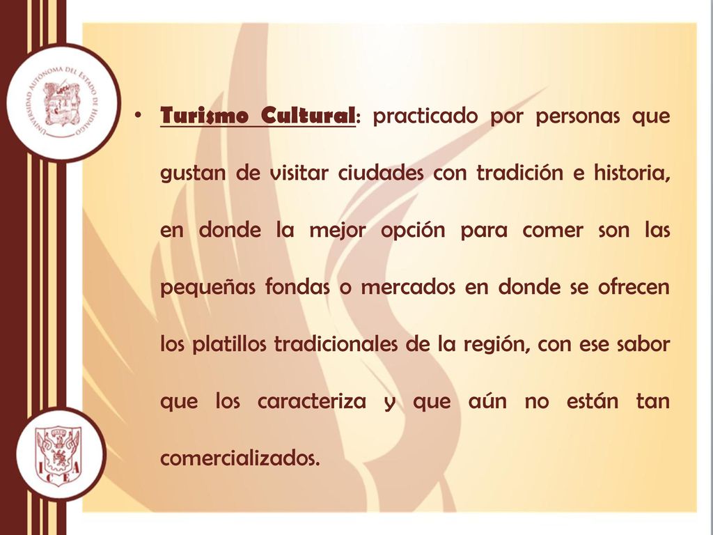 Turismo Cultural: practicado por personas que gustan de visitar ciudades con tradición e historia, en donde la mejor opción para comer son las pequeñas fondas o mercados en donde se ofrecen los platillos tradicionales de la región, con ese sabor que los caracteriza y que aún no están tan comercializados.