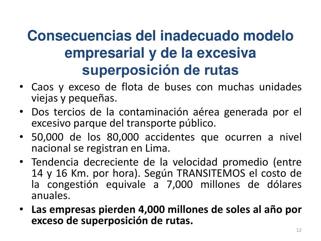 Consecuencias del inadecuado modelo empresarial y de la excesiva superposición de rutas