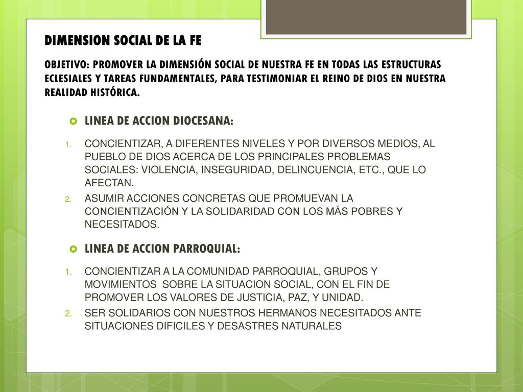 DIMENSION SOCIAL DE LA FE OBJETIVO: PROMOVER LA DIMENSIÓN SOCIAL DE NUESTRA FE EN TODAS LAS ESTRUCTURAS ECLESIALES Y TAREAS FUNDAMENTALES, PARA TESTIMONIAR EL REINO DE DIOS EN NUESTRA REALIDAD HISTÓRICA.