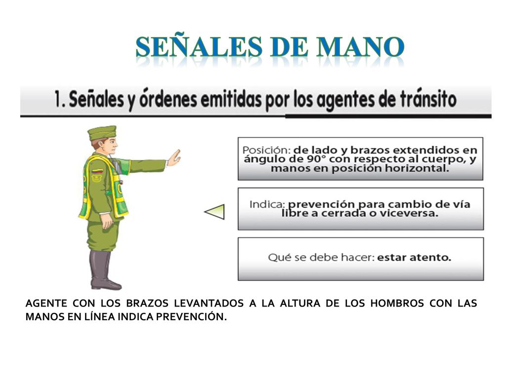 SEÑALES DE MANO AGENTE CON LOS BRAZOS LEVANTADOS A LA ALTURA DE LOS HOMBROS CON LAS MANOS EN LÍNEA INDICA PREVENCIÓN.