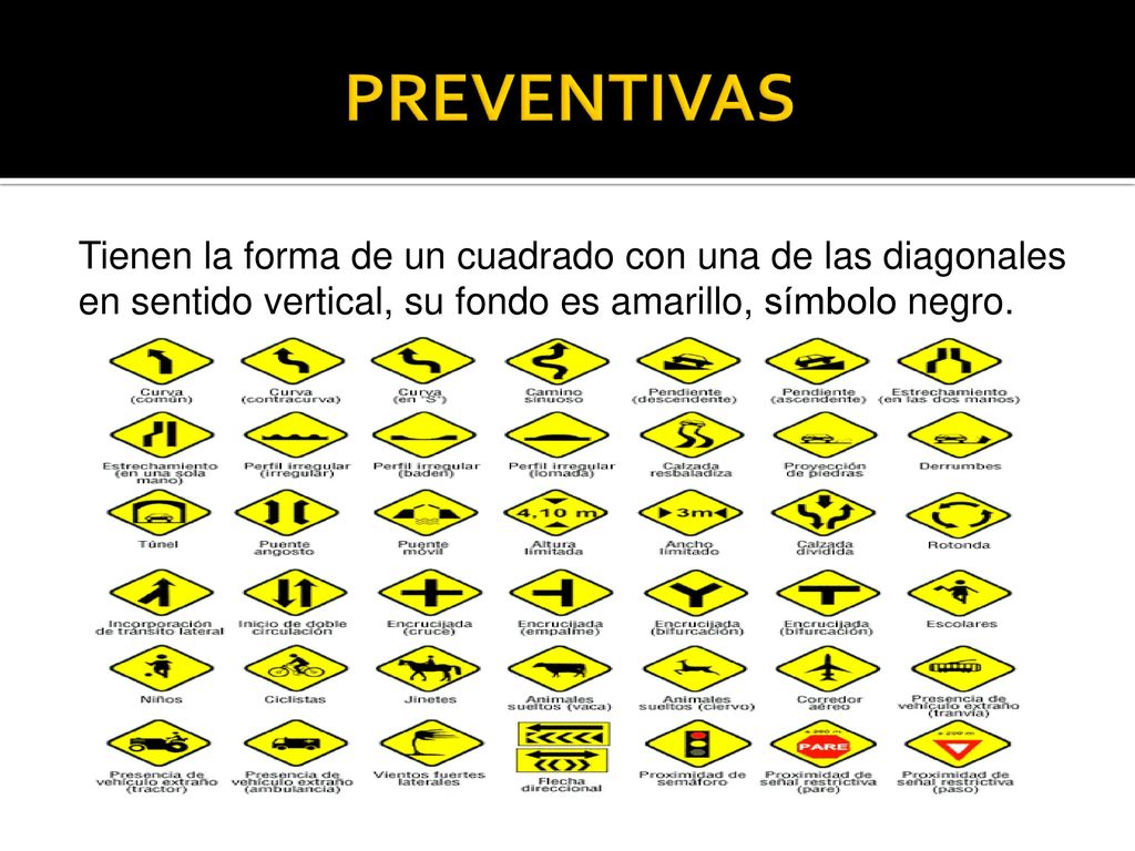 PREVENTIVAS Tienen la forma de un cuadrado con una de las diagonales en sentido vertical, su fondo es amarillo, símbolo negro.