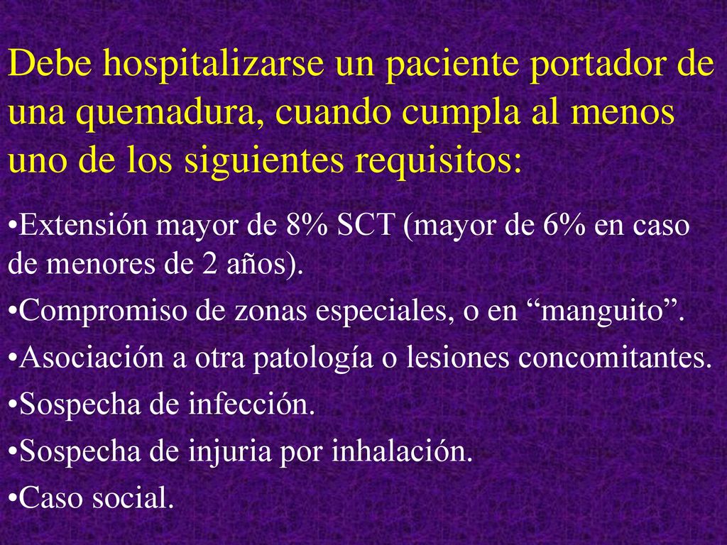 Debe hospitalizarse un paciente portador de una quemadura, cuando cumpla al menos uno de los siguientes requisitos: