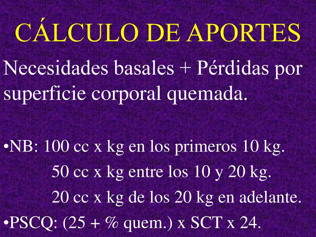 CÁLCULO DE APORTES Necesidades basales + Pérdidas por superficie corporal quemada. NB: 100 cc x kg en los primeros 10 kg.