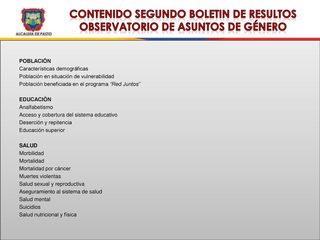 CONTENIDO SEGUNDO BOLETIN DE RESULTOS OBSERVATORIO DE ASUNTOS DE GÉNERO