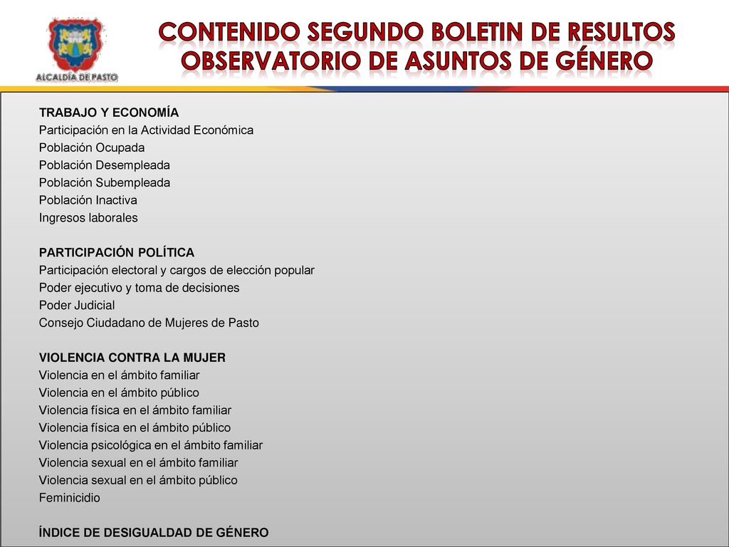 CONTENIDO SEGUNDO BOLETIN DE RESULTOS OBSERVATORIO DE ASUNTOS DE GÉNERO