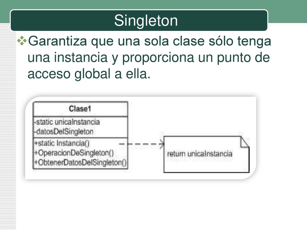 Singleton Garantiza que una sola clase sólo tenga una instancia y proporciona un punto de acceso global a ella.
