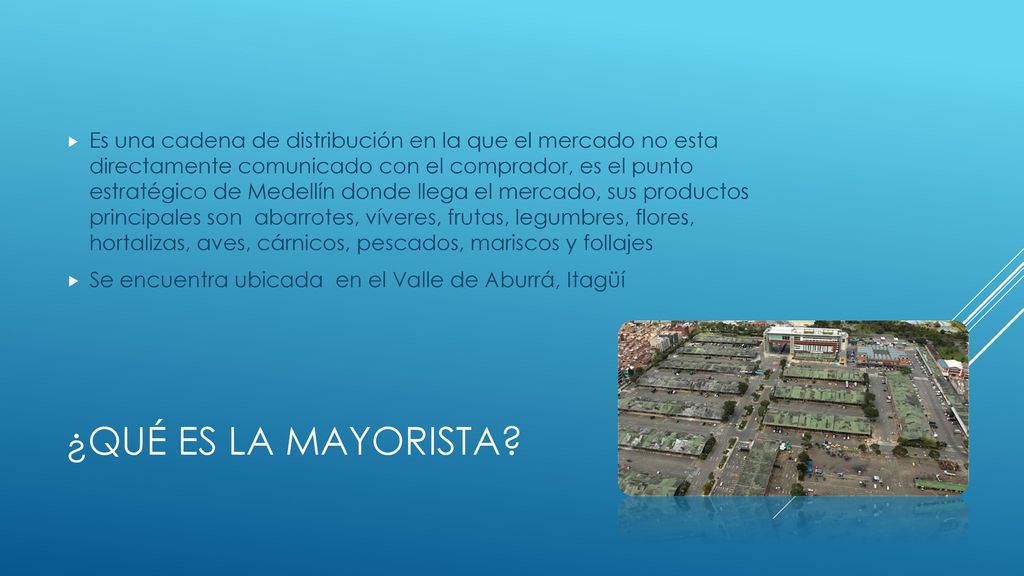 Es una cadena de distribución en la que el mercado no esta directamente comunicado con el comprador, es el punto estratégico de Medellín donde llega el mercado, sus productos principales son abarrotes, víveres, frutas, legumbres, flores, hortalizas, aves, cárnicos, pescados, mariscos y follajes